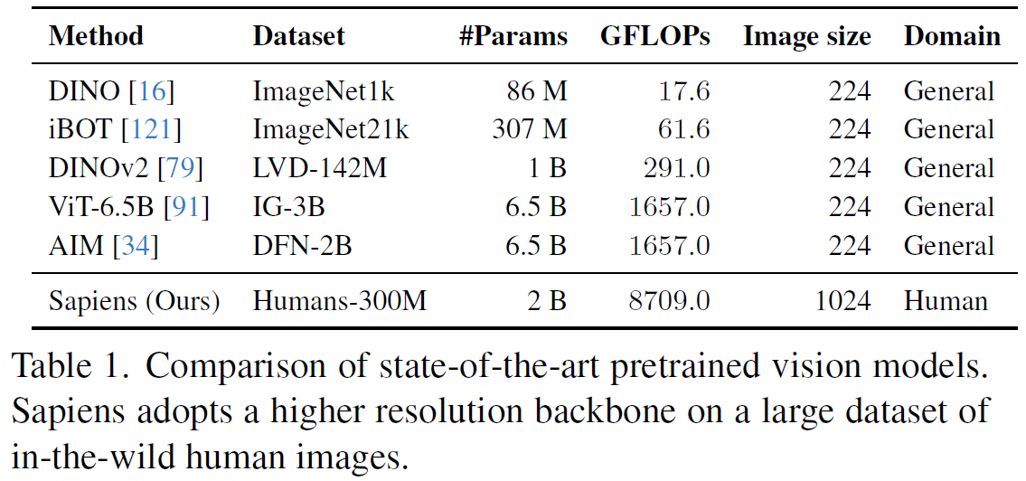 Characteristics comparison between Sapiens and top computer vision models